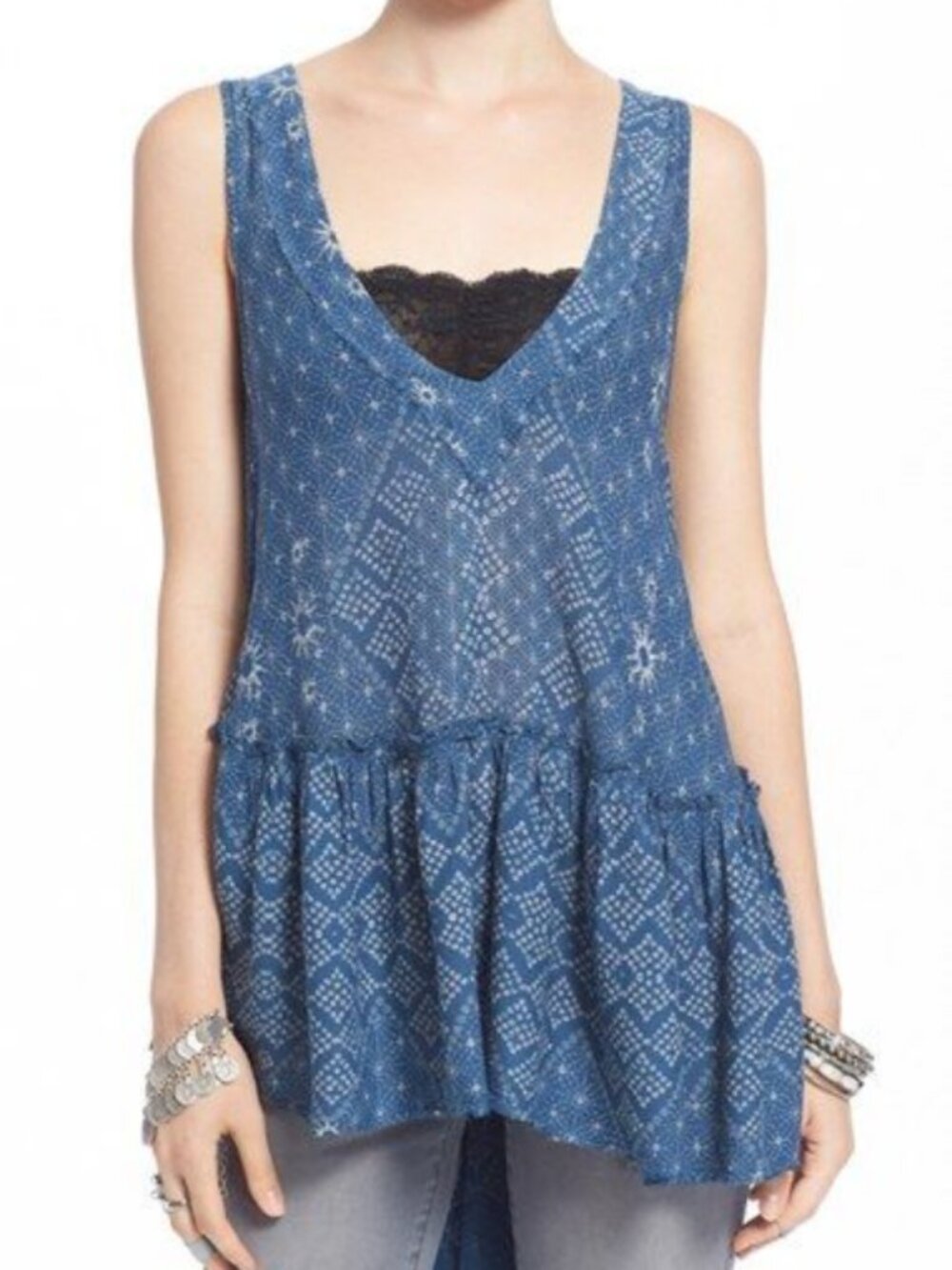 Free People Say It With A Layer Tunic Dress Printed Ruffle Blue S